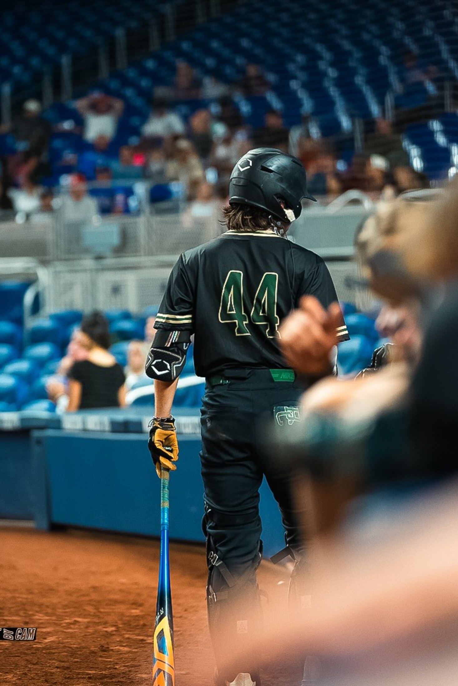 Baseball player taking the field under the lights